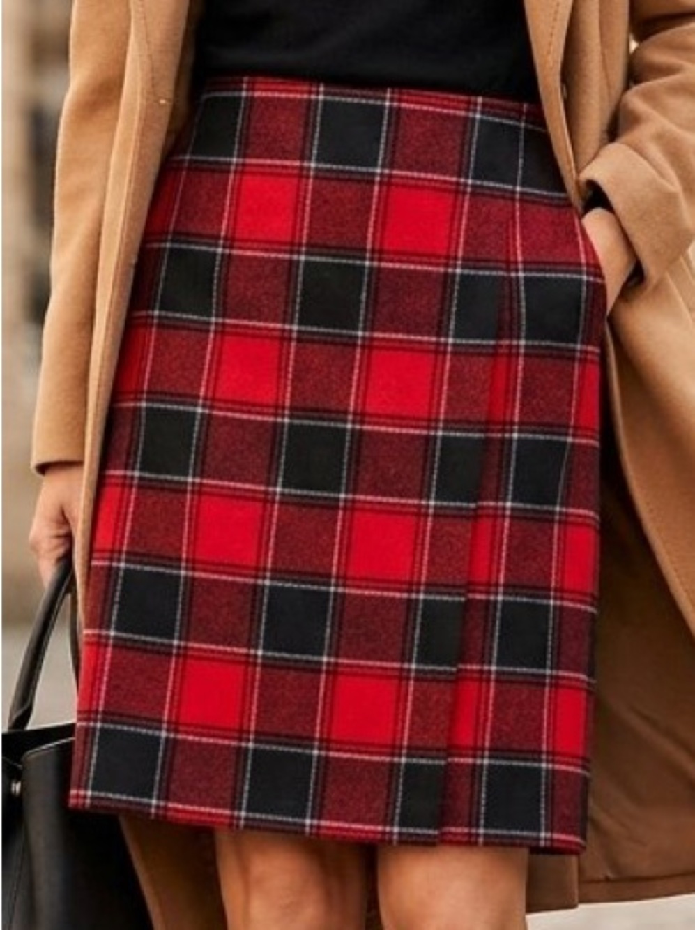 Talbots Red Black Plaid Faux Wrap Pencil Skirt Wool Blend NWT 6